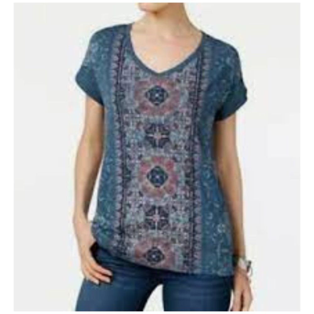 Style & Co Cotton + Modal Paisley Scarf Printed V-Neck Short Sleeve Blouse